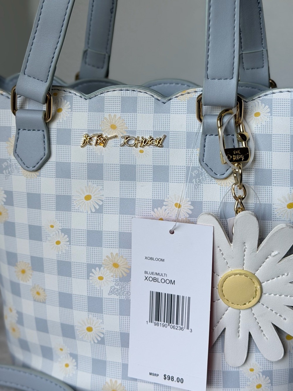 Betsey Johnson Blue Gingham Plaid Daisy Charm Scalloped Edge XOBLOOM Tote Bag - Picture 4 of 11